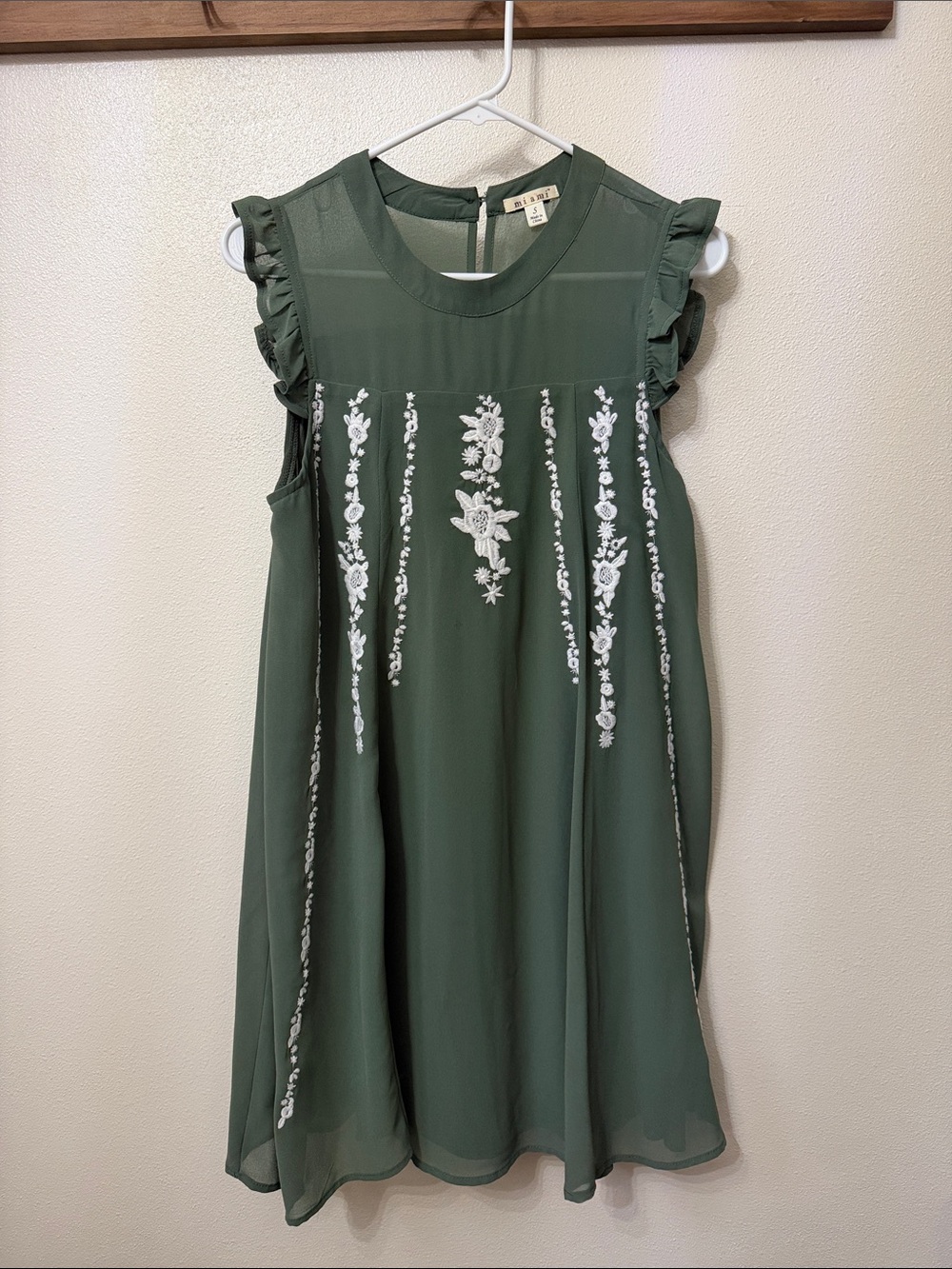 Miami Green Floral Embroidered Ruffle Sleeve Dress
